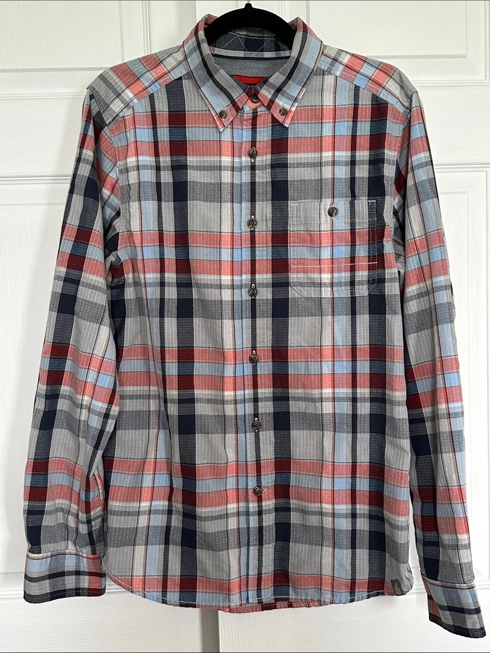 North Face blue orange plaid button down shirt long sleeves lightweight small